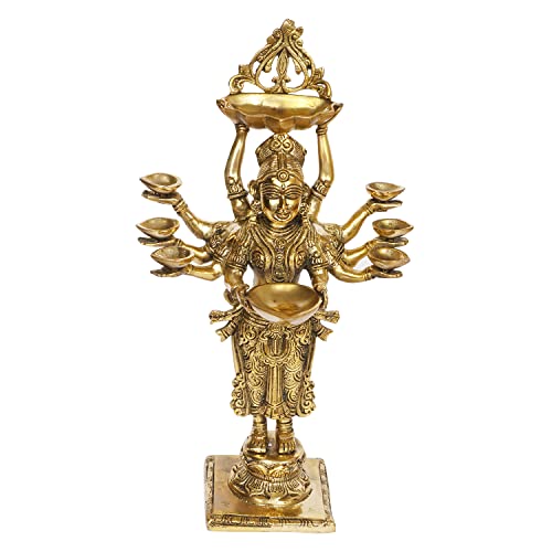 Kartique Brass Standing Lady with Eight Diya for Home Entrance Decor Puja Room Meenakshi Devi Holding Oil Lamp Deep Laxmi Deepak Deepam Diwali Gift Height 15 Inch Gold Color - Image 2