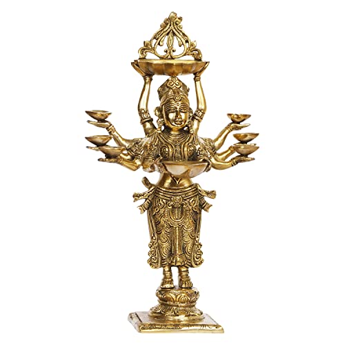 Kartique Brass Standing Lady with Eight Diya for Home Entrance Decor Puja Room Meenakshi Devi Holding Oil Lamp Deep Laxmi Deepak Deepam Diwali Gift Height 15 Inch Gold Color - Image 1