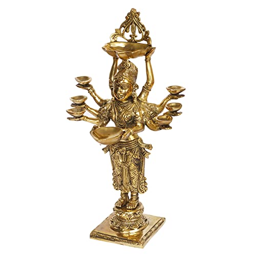 Kartique Brass Standing Lady with Eight Diya for Home Entrance Decor Puja Room Meenakshi Devi Holding Oil Lamp Deep Laxmi Deepak Deepam Diwali Gift Height 15 Inch Gold Color - Image 3
