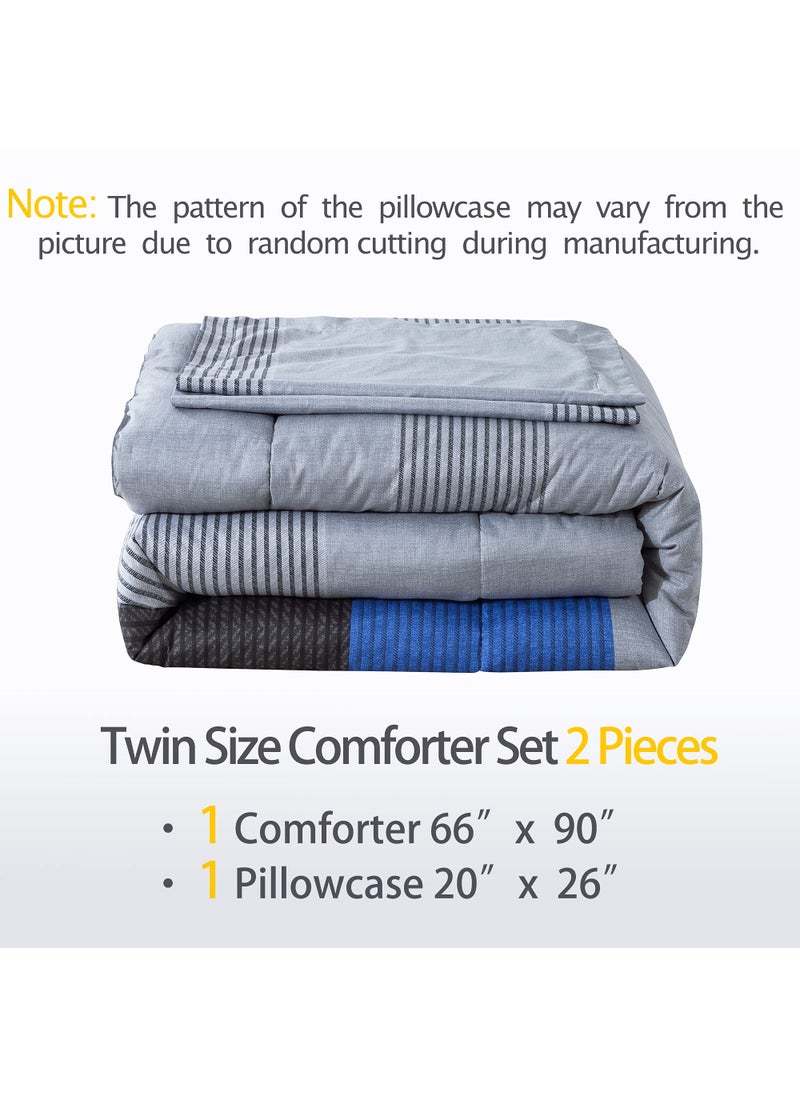 Andency Andency Stripe Comforter Set Twin Size (66x90 Inch)  2 Pieces Gray and Blue Patchwork Striped Comforter  Soft Microfiber Down Alternative Comforter Bedding Set with Corner Loops  - Image 3