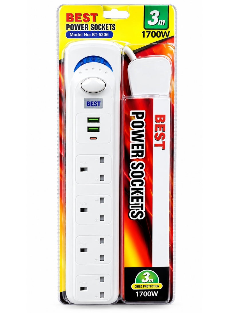 Best Power Strips Extension Cord | 4 Sockets Universal Plug Adapter with 3Meter Bold Extension Cable | Power Socket | Extension Board | Extension Cable | Extension Socket (White) - Image 1