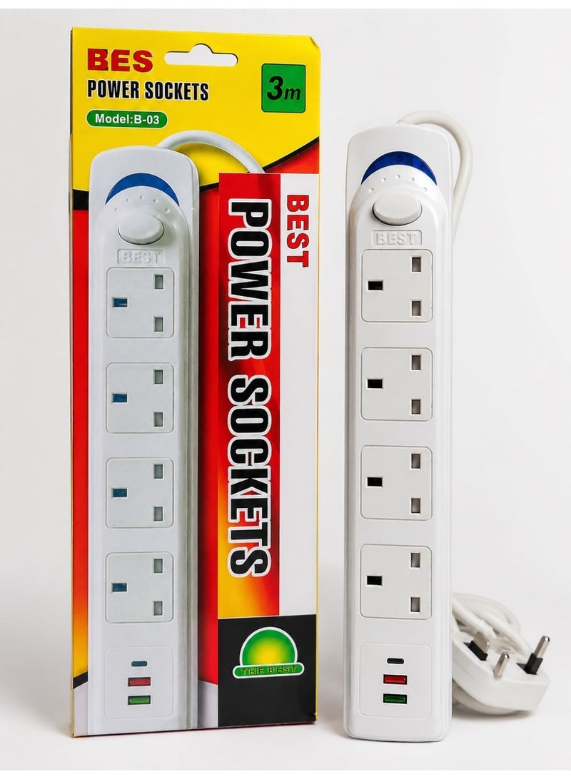 Best Power Strips Extension Cord | 4 Sockets Universal Plug Adapter with 3Meter Bold Extension Cable | Power Socket | Extension Board | Extension Cable | Extension Socket (White) - Image 2