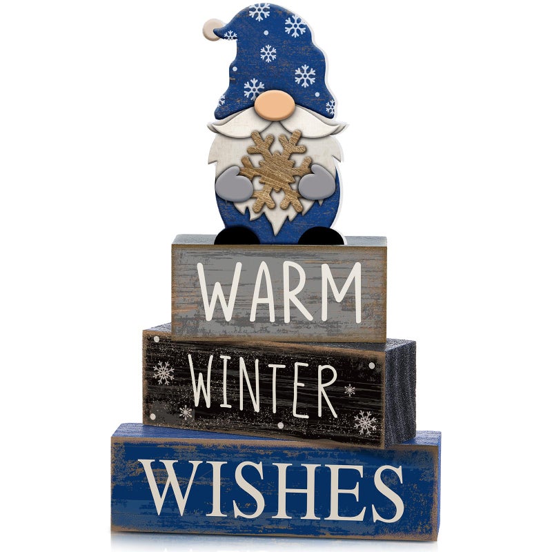 Lineshading 4 Pcs Winter Table Decorations Wooden Gnome Decor Winter Tiered Tray Decor Christmas Centerpiece Rustic Decorative Gnome Snowflake Block Sign Gift Farmhouse Xmas Signs for Home Kitchen - Image 1