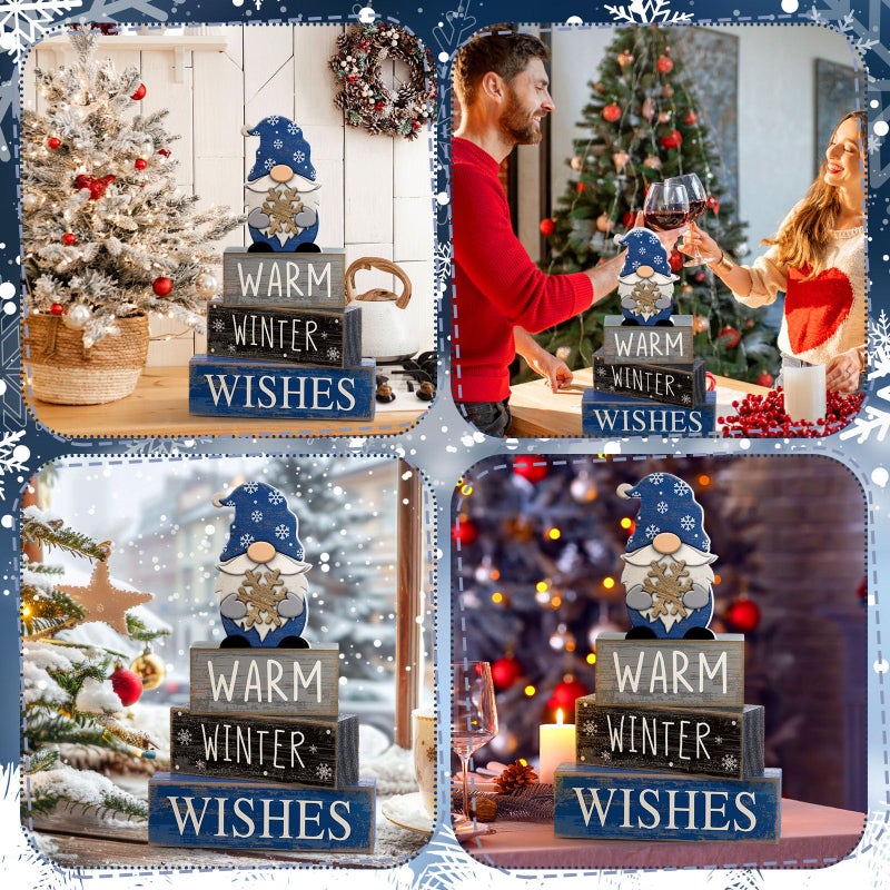 Lineshading 4 Pcs Winter Table Decorations Wooden Gnome Decor Winter Tiered Tray Decor Christmas Centerpiece Rustic Decorative Gnome Snowflake Block Sign Gift Farmhouse Xmas Signs for Home Kitchen - Image 5