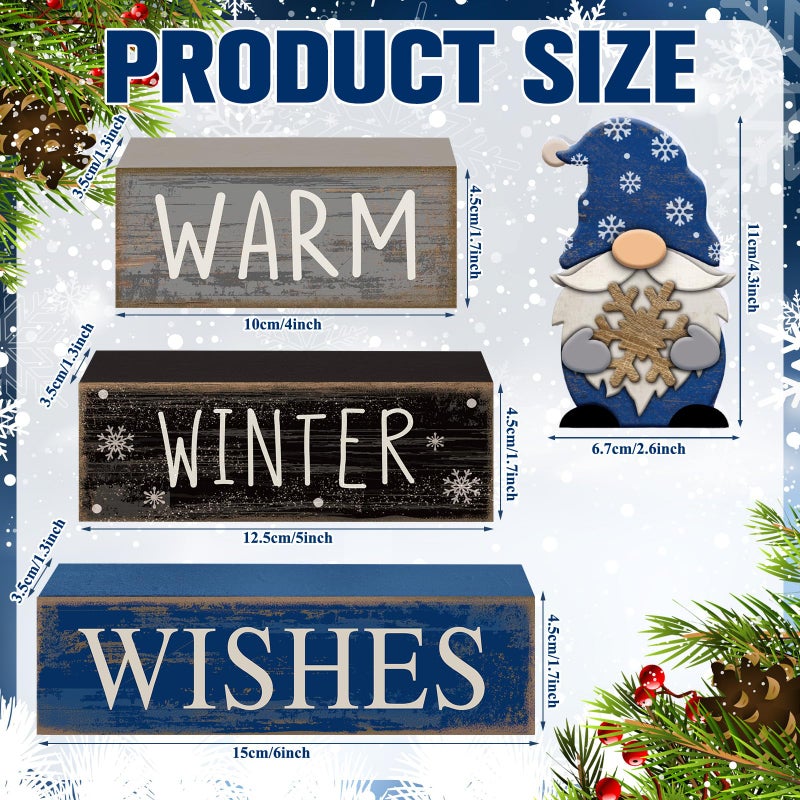 Lineshading 4 Pcs Winter Table Decorations Wooden Gnome Decor Winter Tiered Tray Decor Christmas Centerpiece Rustic Decorative Gnome Snowflake Block Sign Gift Farmhouse Xmas Signs for Home Kitchen - Image 3