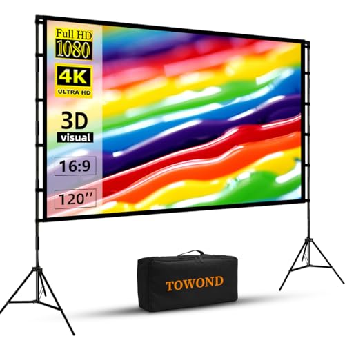 Towond 120 inch Projector Screen with Stand, 4K HD 16:9 Foldable Anti-Crease Indoor Outdoor Movie Screen, Portable Projection Screen for Backyard Theater, Camping, and Office Presentations - Image 1