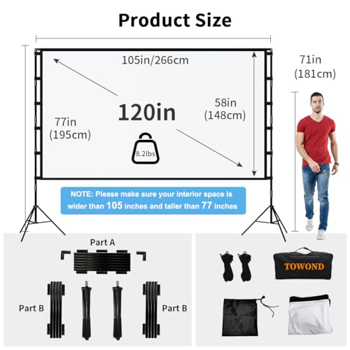 Towond 120 inch Projector Screen with Stand, 4K HD 16:9 Foldable Anti-Crease Indoor Outdoor Movie Screen, Portable Projection Screen for Backyard Theater, Camping, and Office Presentations - Image 2
