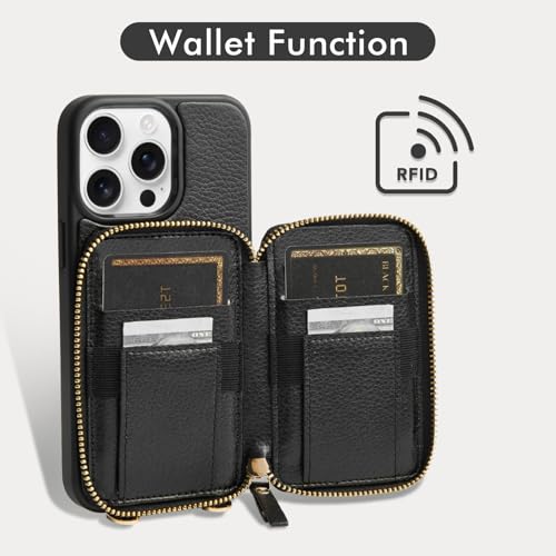 ZVE for iPhone 15 Pro Wallet Case Crossbody Phone Purse with Card Holder for Women Zipper Leather RFID Blocking Carrying Cover with Wrist Strap for iPhone 15 Pro 61 inch Black - Image 3