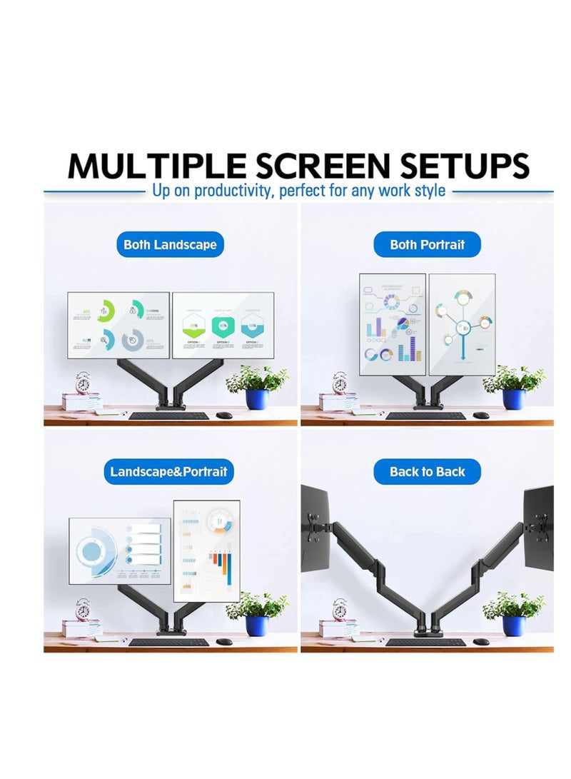 ELTRAZONE Versatile Dual Monitor Mount - Adjustable Gas Spring Arm Stand for Enhanced Workspace Ergonomics - Clamp or Grommet Base - Supports 13 to 32 Inch Monitors"  - Image 2