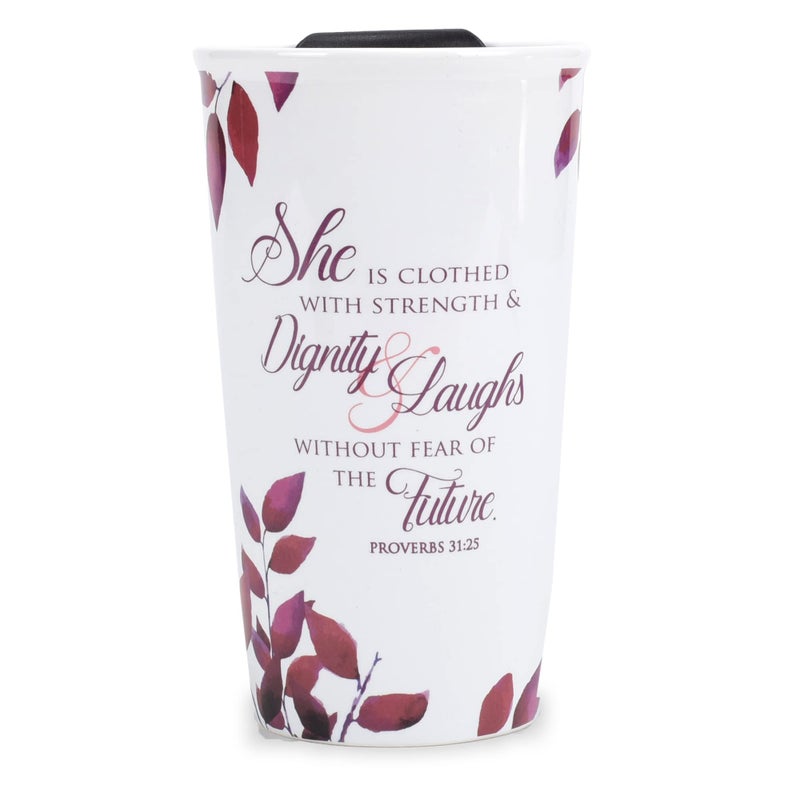 Elanze Designs Proverbs Woman Noble Things Strength Dignity Inspirational 12 Ounce Ceramic Stoneware Travel Tumbler Mug