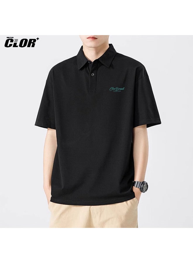 Clor Men's Short Sleeve Summer Polo Loose Bottoming Shirt Trendy Casual Thin Top T-shirt Pl01 Black 2XL - Image 1
