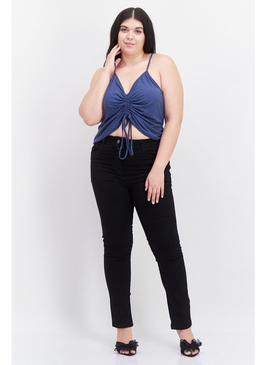Love Fire Women Plus Size V Neck Sleeveless Ribbed Tank Top, Blue  - Image 2