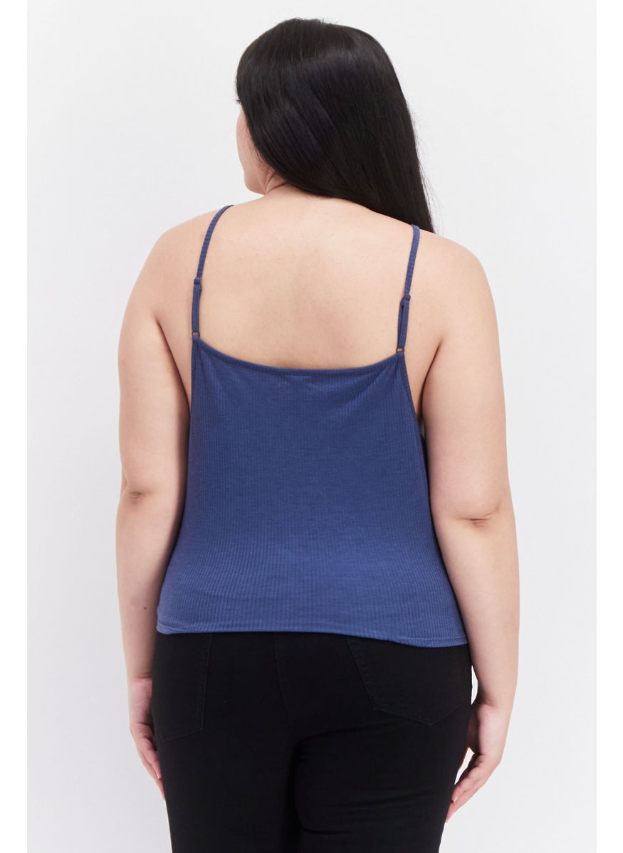 Love Fire Women Plus Size V Neck Sleeveless Ribbed Tank Top, Blue  - Image 3