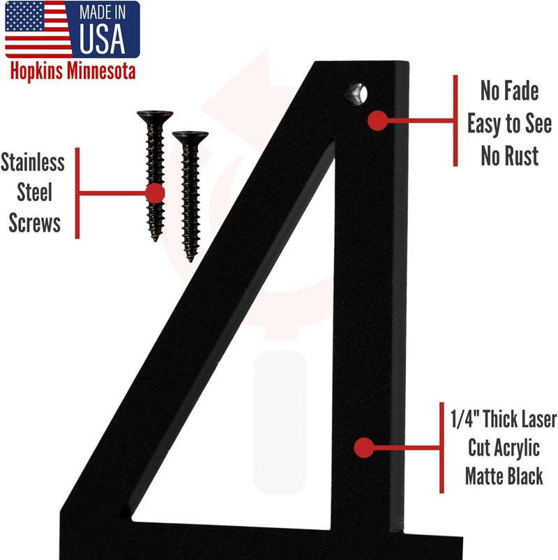 Discovered Designs 5" (4) Modern Address House Numbers for Outside - Easy to Install 3D Matte Black Acrylic Individual Numbers for Address on House, Weatherproof No Rust, Made in USA, Includes 2 - 3/4" Screws, Door Mailbox Number Home Address Number - Image 5