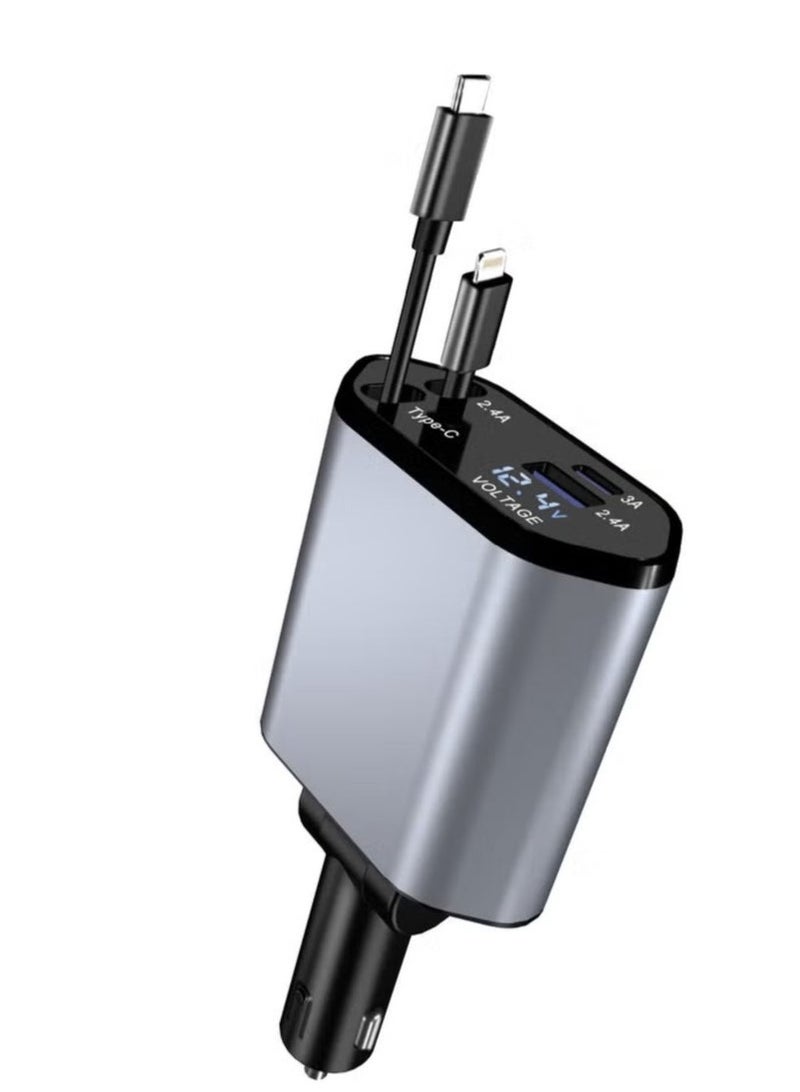 4-in-1 Retractable Car Charger with USB Type-C, Lightning, and PD Fast Charging | Car Charger Adapter for All Phones & Devices | Supports Quick Charge for iPhone, Samsung, Huawei, Xiaomi & More | Compact Design with LED Display – Black