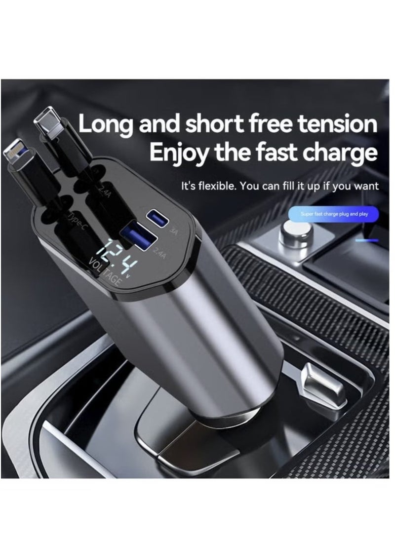 4-in-1 Retractable Car Charger with USB Type-C, Lightning, and PD Fast Charging | Car Charger Adapter for All Phones & Devices | Supports Quick Charge for iPhone, Samsung, Huawei, Xiaomi & More | Compact Design with LED Display – Black