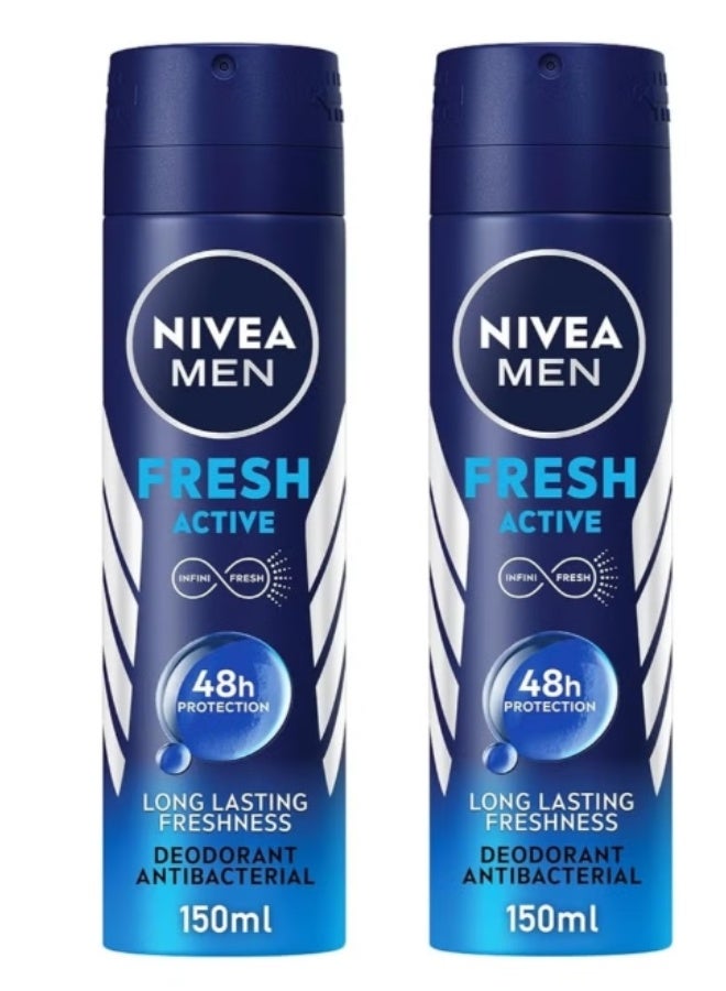 Nivea Men Fresh Active Antiperspirant Deodorant Spray, 48h Protection, 150ml, Pack of 2