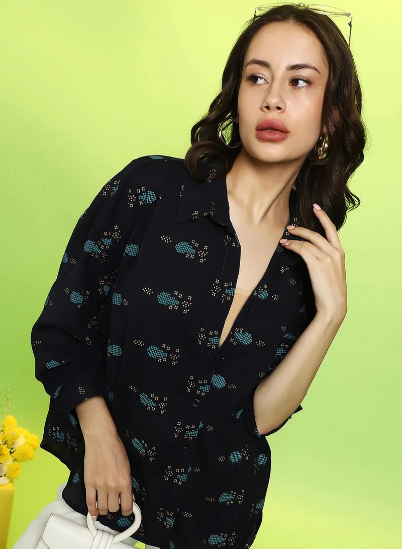 كامبوس سوترا Women's Midnight Black Floral Block Oversized Shirt For Casual Wear | Spread Collar | Long Cuffed Sleeves | Button Closure | Oversized Shirt Crafted With Comfort Fit For Everyday Wear