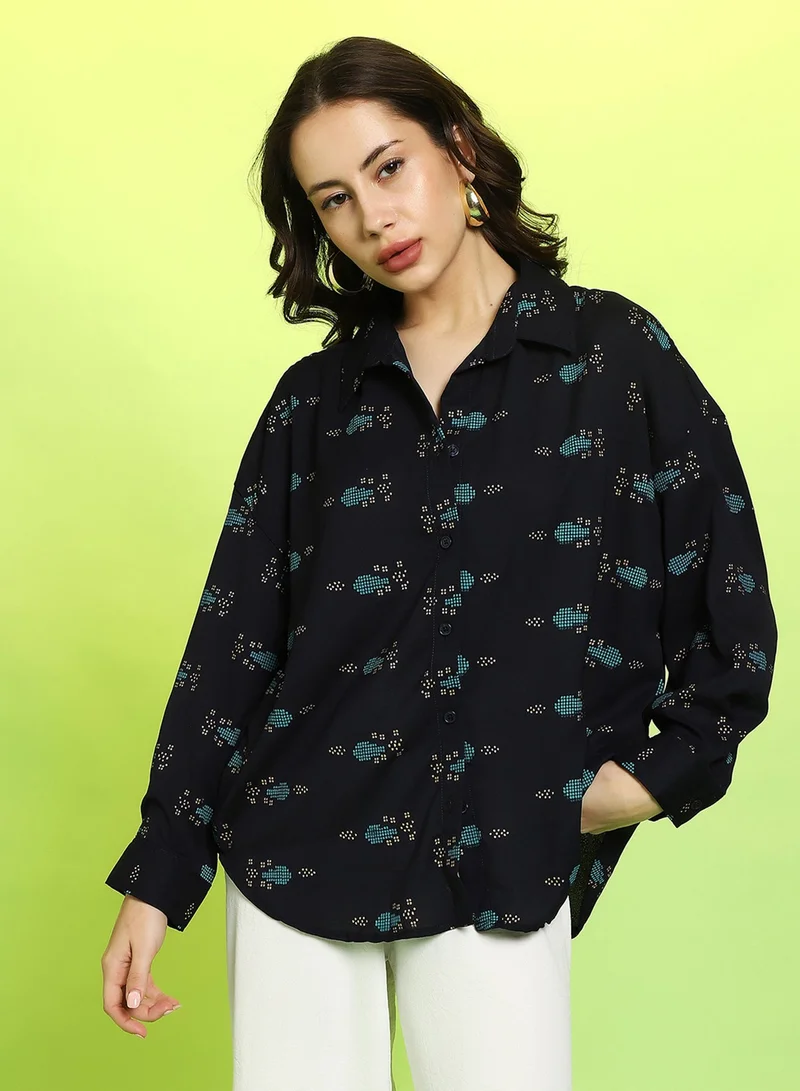 كامبوس سوترا Women's Midnight Black Floral Block Oversized Shirt For Casual Wear | Spread Collar | Long Cuffed Sleeves | Button Closure | Oversized Shirt Crafted With Comfort Fit For Everyday Wear