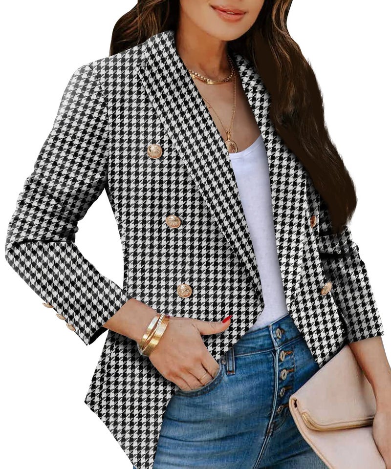 CRAZY GRID Womens Lapel Double Breasted Blazer Jackets Open Front Business Casual Suit Jacket Long Sleeve Dressy Blazer Ladies Work Office Blazer Black Houndstooth X-Large - Image 1