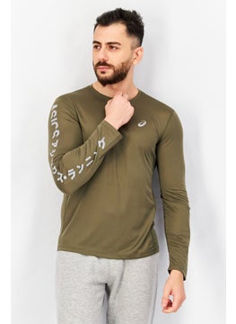Men Regular Fit Long Sleeve Brand Logo Running T-Shirt, Olive