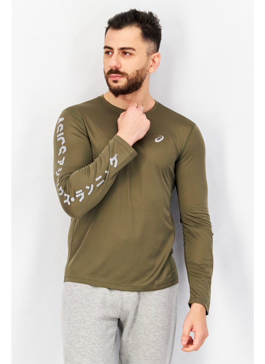 Asics - Men Regular Fit Long Sleeve Brand Logo Running T-Shirt, Olive - Image 1