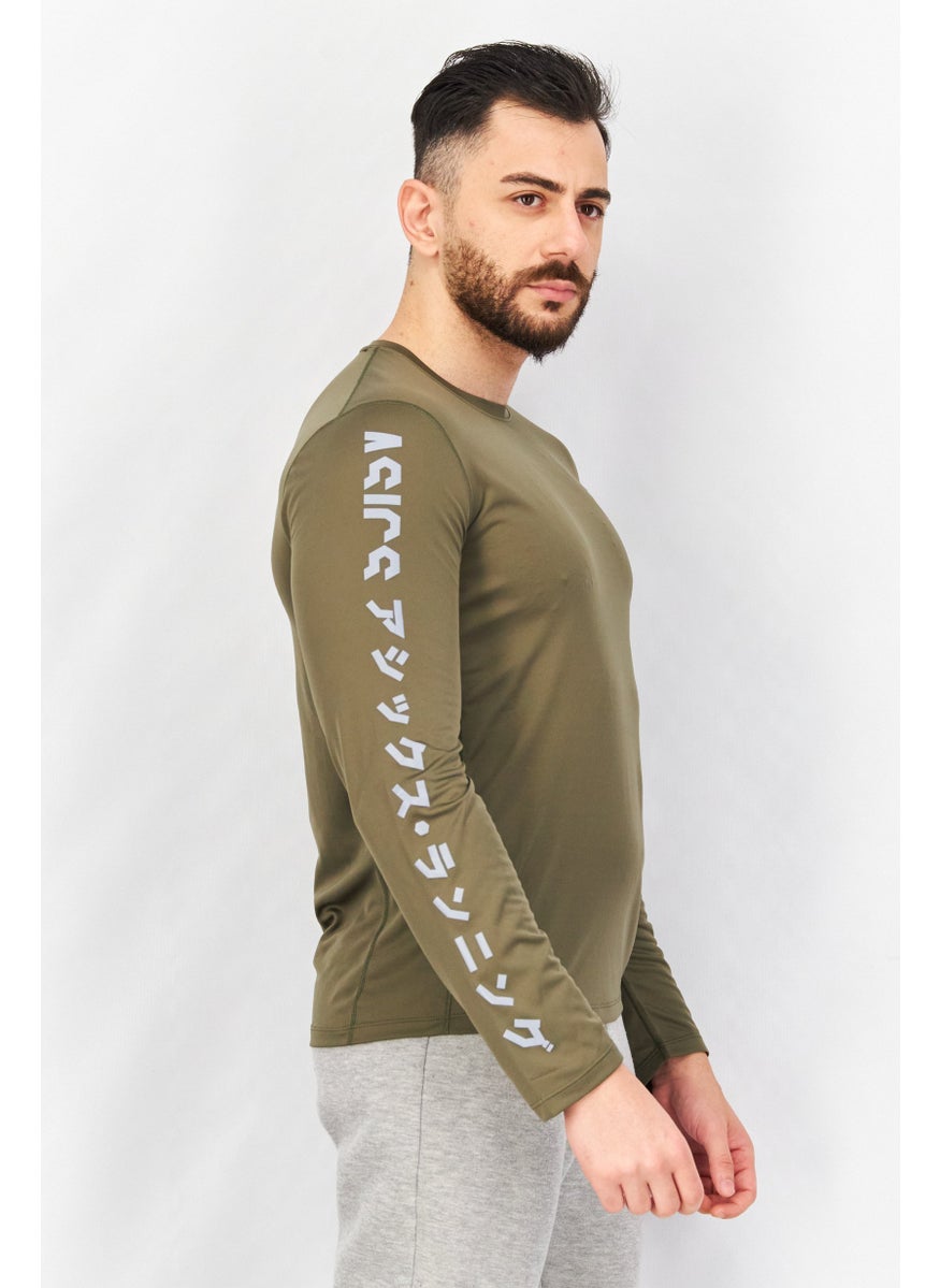 Asics - Men Regular Fit Long Sleeve Brand Logo Running T-Shirt, Olive - Image 1