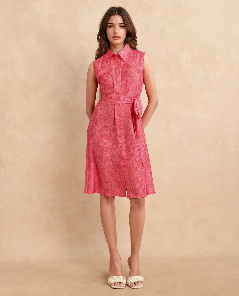 Rareism Rareism Women Somfril Pink Polyester Fabric Sleeveless Collared Neck Button Closure A-Line Knee Length Abstract Print Dress