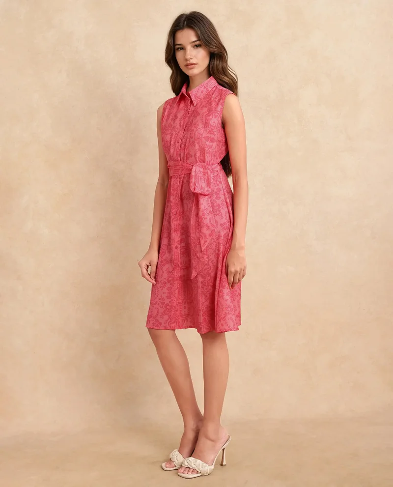 Rareism Rareism Women Somfril Pink Polyester Fabric Sleeveless Collared Neck Button Closure A-Line Knee Length Abstract Print Dress