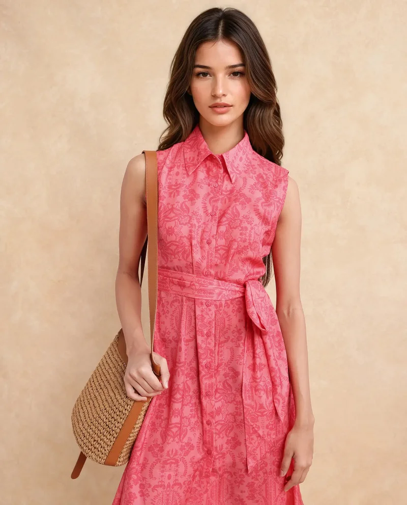 Rareism Rareism Women Somfril Pink Polyester Fabric Sleeveless Collared Neck Button Closure A-Line Knee Length Abstract Print Dress