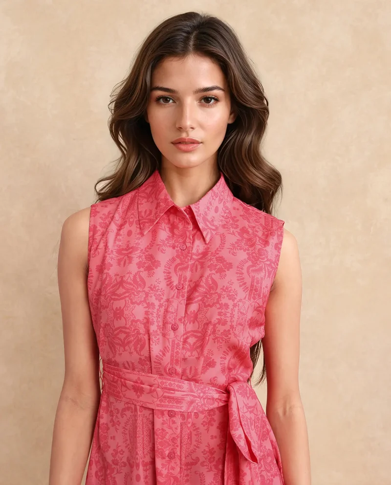 Rareism Rareism Women Somfril Pink Polyester Fabric Sleeveless Collared Neck Button Closure A-Line Knee Length Abstract Print Dress