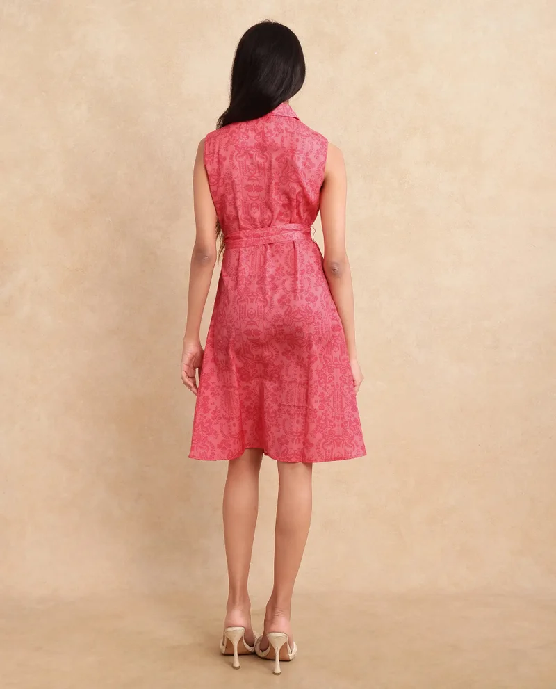 Rareism Rareism Women Somfril Pink Polyester Fabric Sleeveless Collared Neck Button Closure A-Line Knee Length Abstract Print Dress