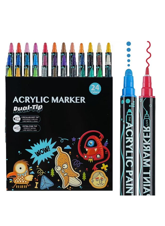 Zeemey 24PCS Double-ended Acrylic Paint Marker, Dot & Fine Tip Premium Coloring Drawing Markers Set For Children's Student Handbook,Rock Painting, Wood, Ceramic, Glass, DIY Crafts & Art Supplies. Marker Pen Color Graffiti Marker Pen Painting Art Tools Stationery  - Image 1