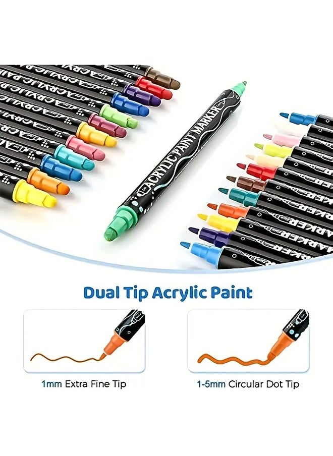 Zeemey 24PCS Double-ended Acrylic Paint Marker, Dot & Fine Tip Premium Coloring Drawing Markers Set For Children's Student Handbook,Rock Painting, Wood, Ceramic, Glass, DIY Crafts & Art Supplies. Marker Pen Color Graffiti Marker Pen Painting Art Tools Stationery  - Image 3