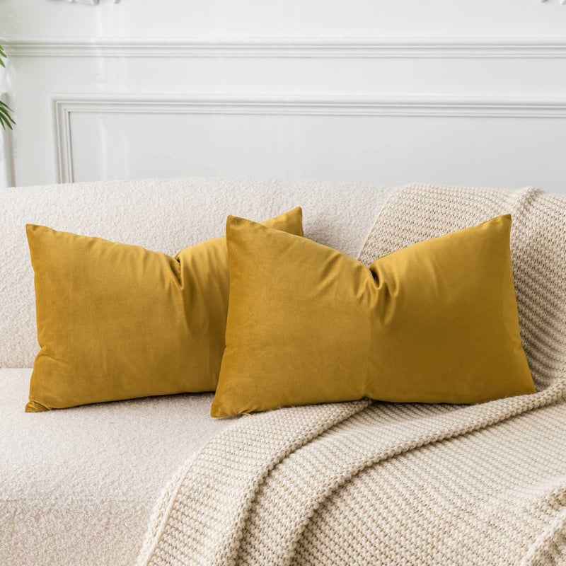 JUSPURBET Mustard Yellow Decorative Lumbar Velvet Throw Pillow Covers 12x20Pack of 2 Luxury Soft Solid Cushion Cases for Sofa Couch Bed