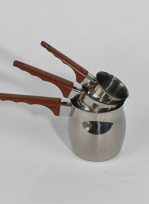 Set of 3 Stainless Steel Classic Turkish Coffee Pots Wood Long Handle Coffee Warmer Milk Pot