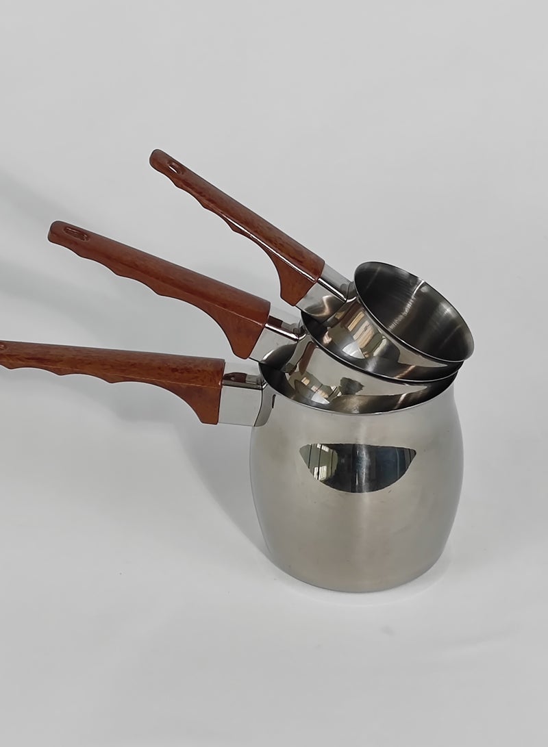 HTH Set of 3 Stainless Steel Classic Turkish Coffee Pots Wood Long Handle Coffee Warmer Milk Pot - Image 1