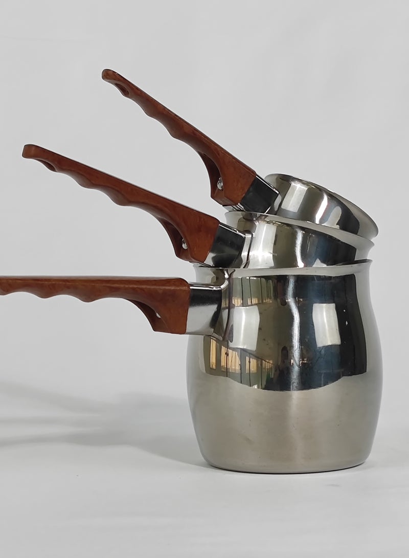 HTH Set of 3 Stainless Steel Classic Turkish Coffee Pots Wood Long Handle Coffee Warmer Milk Pot - Image 3
