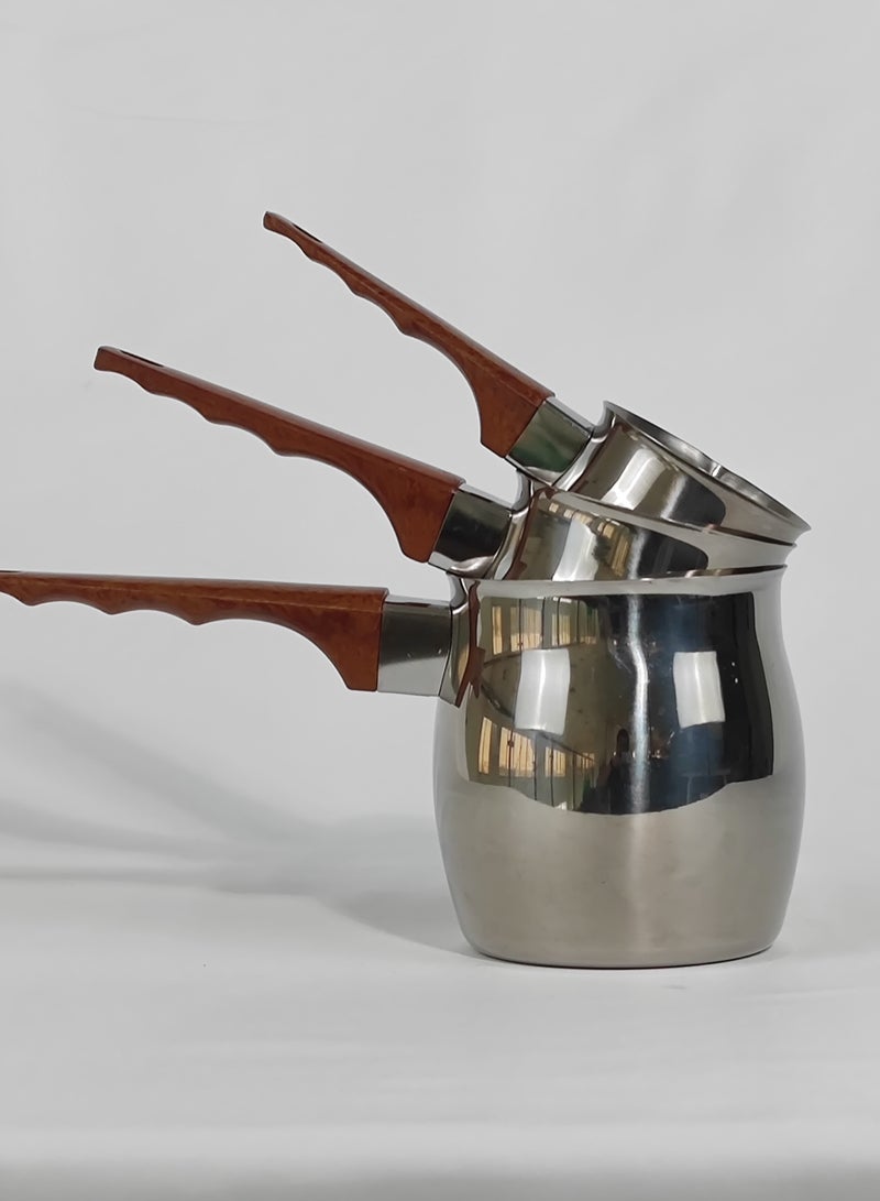HTH Set of 3 Stainless Steel Classic Turkish Coffee Pots Wood Long Handle Coffee Warmer Milk Pot - Image 5