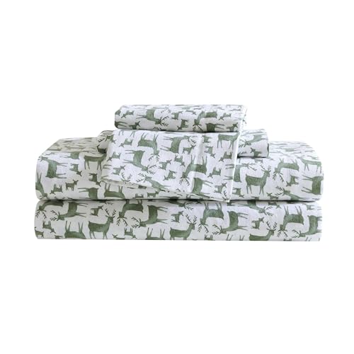 Eddie Bauer Flannel Sheets Twin Size AntiPilling Wrinkle Resistant Cotton Touchably Soft for AllSeason Comfort Bed Sheets with Matching Pillowcase Fitted Sheet Deer Camp Green - Image 1
