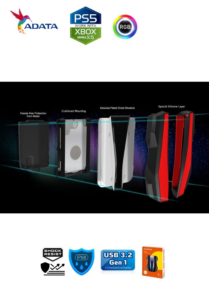 ADATA - HD770G RGB 1TB External HDD Portable Hard Drive for PS5 XBOX Gaming Waterproof and Dustproof | Black - Image 1