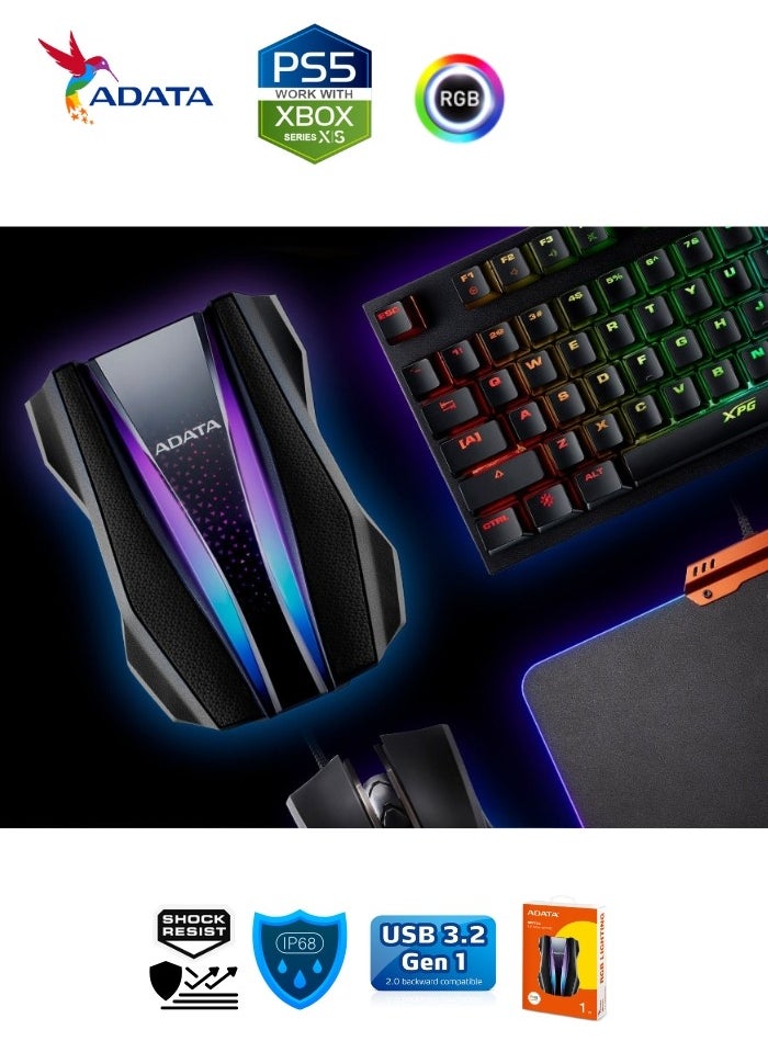 ADATA - HD770G RGB 1TB External HDD Portable Hard Drive for PS5 XBOX Gaming Waterproof and Dustproof | Black - Image 1