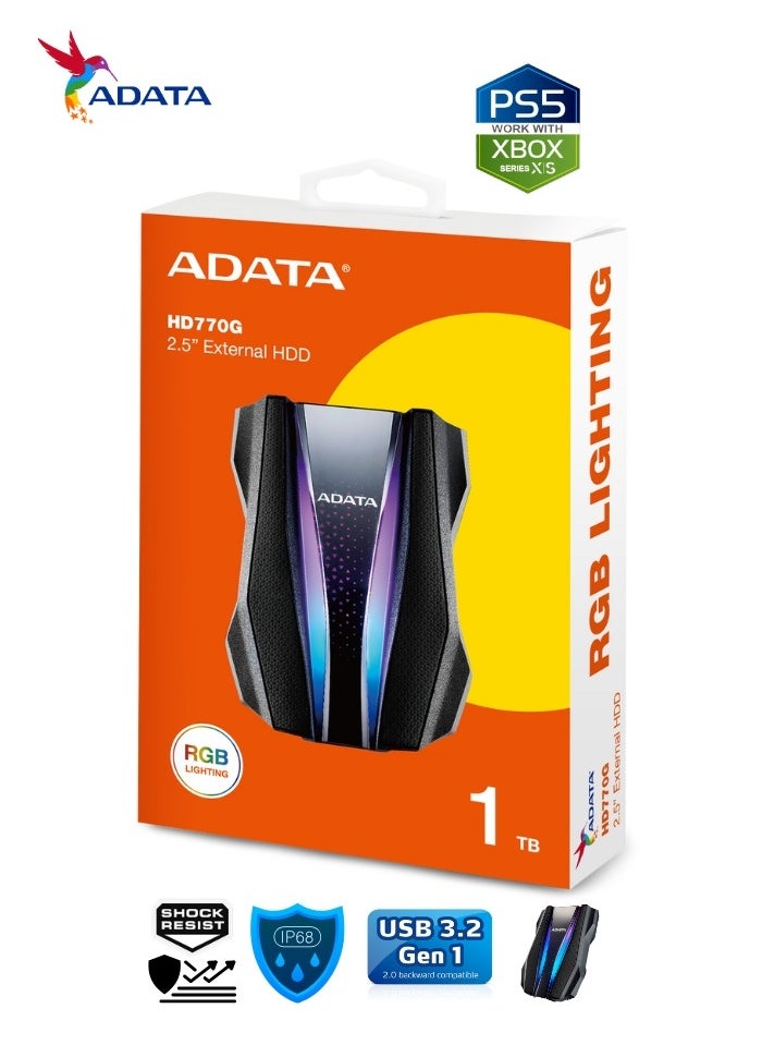 ADATA HD770G RGB 1TB External HDD Portable Hard Drive for PS5 XBOX Gaming Waterproof and Dustproof | Black  - Image 2
