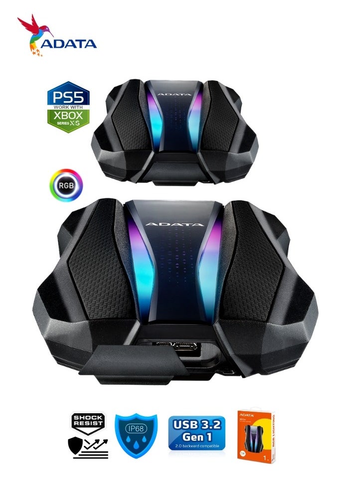 ADATA - HD770G RGB 1TB External HDD Portable Hard Drive for PS5 XBOX Gaming Waterproof and Dustproof | Black - Image 1