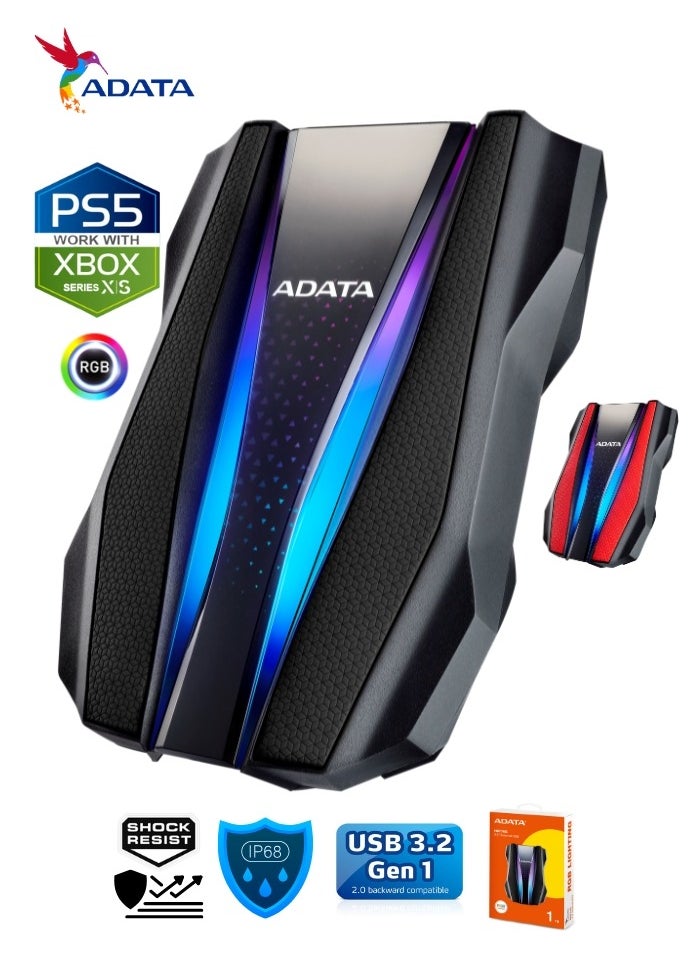 ADATA HD770G RGB 1TB External HDD Portable Hard Drive for PS5 XBOX Gaming Waterproof and Dustproof | Black  - Image 1