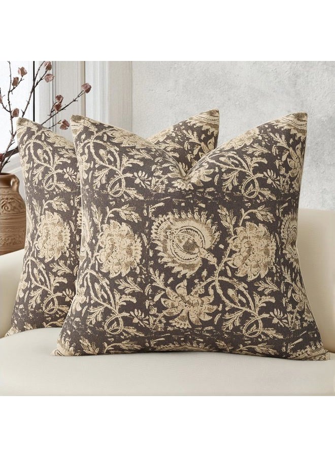 DKwizme Vintage Floral Print Throw Pillow Covers 20x20 Set of 2 Neutral Modern Farmhouse Pillowcases Accent Decorative Cushion Covers Boho Home Decor for Couch Sofa Chair Bed Living Room, Rustic Gray - Image 1