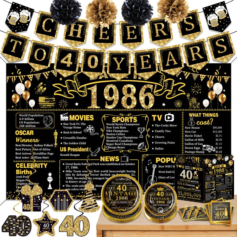 YeohJoy 40th Birthday Decorations for Men Women, 106 PCS Back in 1986 Decorations, Vintage 40th Birthday Party Tableware Set for men,Backdrops,Card, Banner, Paper Poms,Hanging Swirl, Tableware for 24 Guests - Image 1