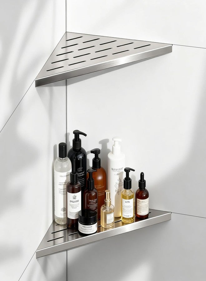 BATHLAVISH Corner Shower Shelves 10" Brushed Nickel, 2 Pack 304 Stainless Steel Shower Corner Shelf Recessed Slot Design, Wall Mount Triangle Shower Caddy for Bathroom, Kitchen Organization - Image 1