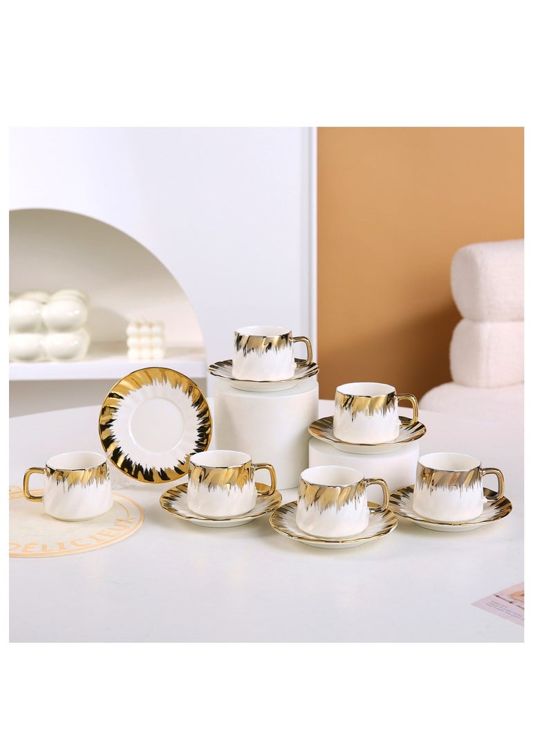 OASIS-TH 6 Sets Of Luxury Porcelain Turkish Coffee Cup Set  Elegant Gold-Plated Design  Modern Espresso Cup Set for Home Gift Premium Ceramic Tea Cups for Arabic White and Gold Design - Image 1