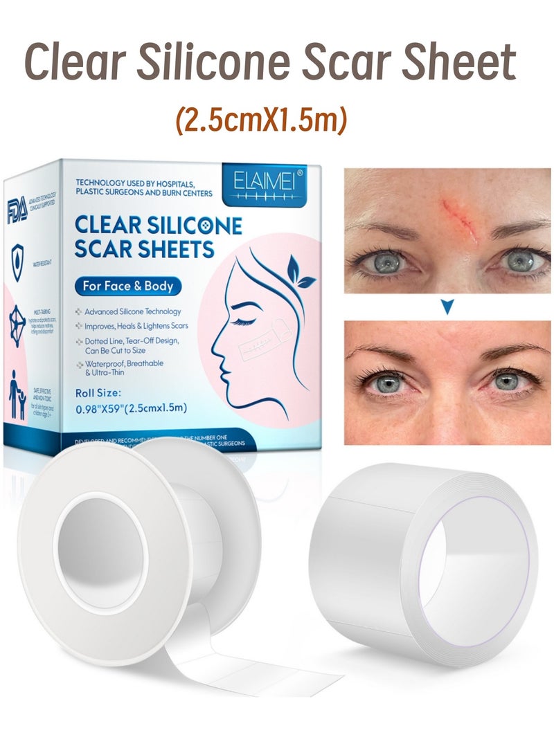 Elaimei 2.5cmx1.5m Clear Silicone Scar Sheets for Face and Body, Silicone Scar Tape, Scar Removal Strips for Acne Scars C-Section & Keloid Surgery Scars Sheets Treatment Sheets Stretch Marks Treatment Waterproof Scar Removal Sticker 4-8 Weeks Supply Medical Grade - Image 1